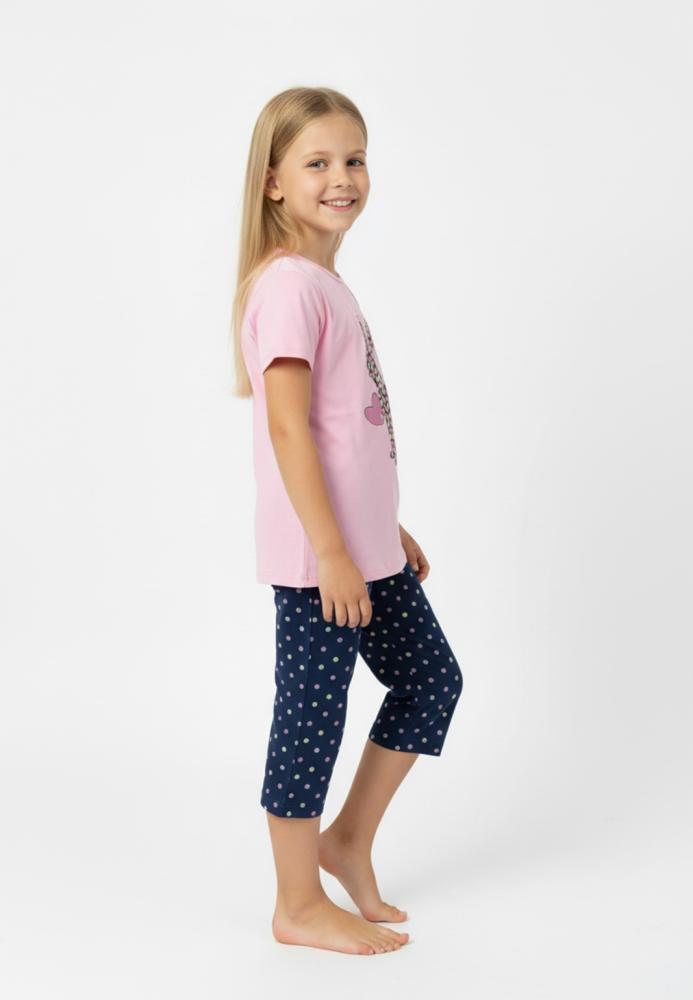 Pijama copii cu maneca scurta si pantaloni 3/4,culoare roz, Engros